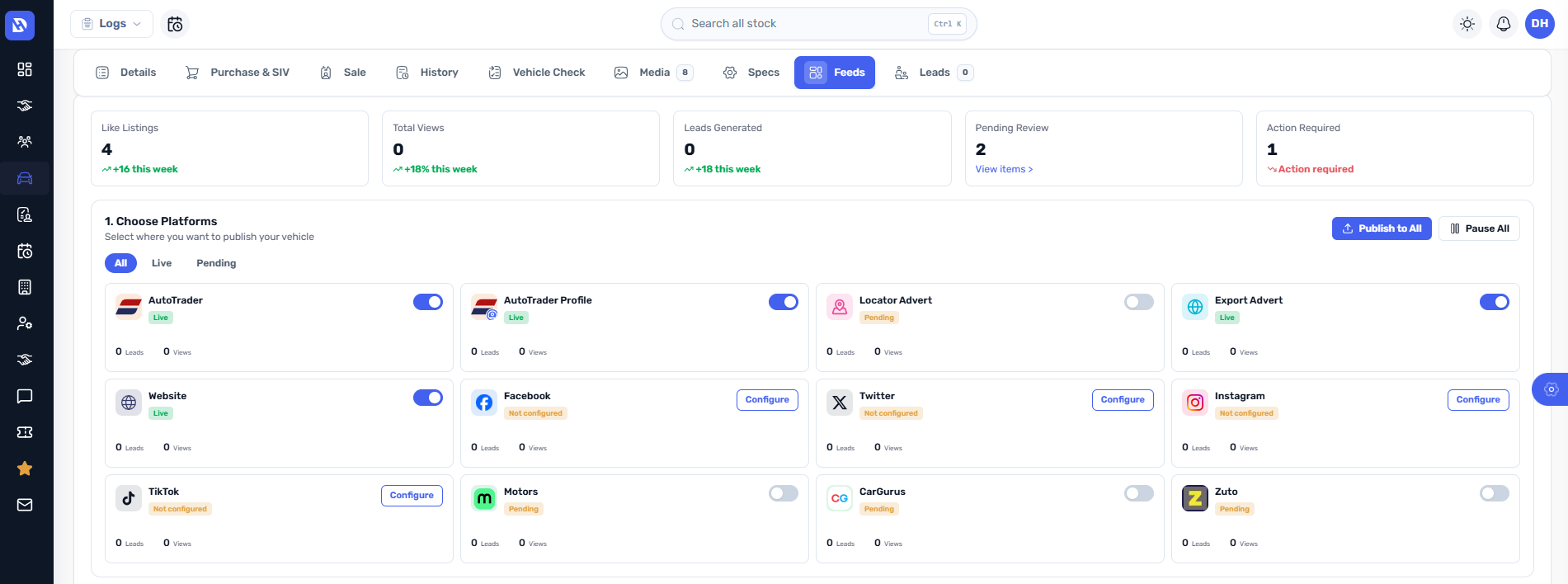 Dealers Hub vehicle stock management screen